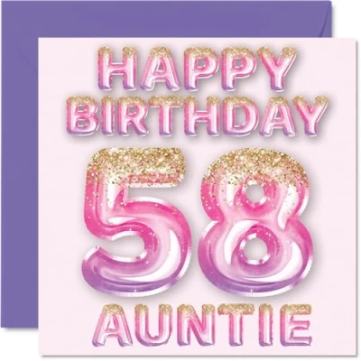 Image of 58th Birthday Card for Auntie Pink &amp; Purple Glitter Balloons Happy Cards 58 Year Old Aunt Aunty from Nephew Niece, 145mm x Bday Greeting Gift
