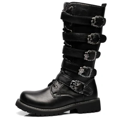Image of Men&#039;s Punk Rock Motorcycle Boots Retro Metal Buckle Mid Calf Lace up Military Soft Synthetic Leather Strong Outsole,Black,40