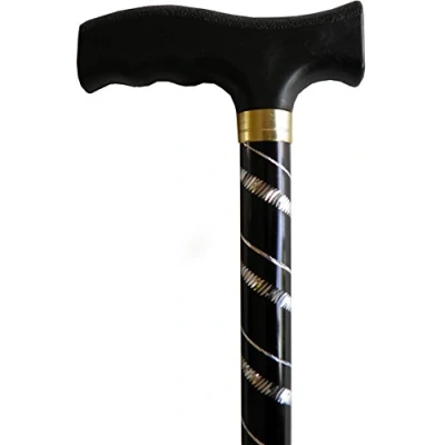 Image of Deluxe Black with Silver Etched Engraved Flecked Stripes Pattern Ladies Adjustable Walking Stick Cane 23&quot; 38.5&quot;