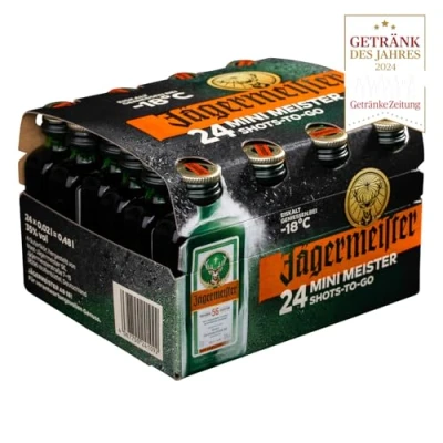 Image of Jägermeister Herbal Liqueur 24x2cl Miniature Pack 35% ABV German Spirits 56 Herbs &amp; Botanicals Best Served as an Ice Cold Shot