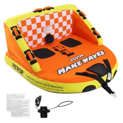 Image of VEVOR Towable Tube for Boating, 1 2 Riders Inflatable Tubes with Deck Seats and Backrest, 340 lbs Water Sport Boat to Pull, Full Nylon Cover, EVA Grab Handles Speed Safety Valve