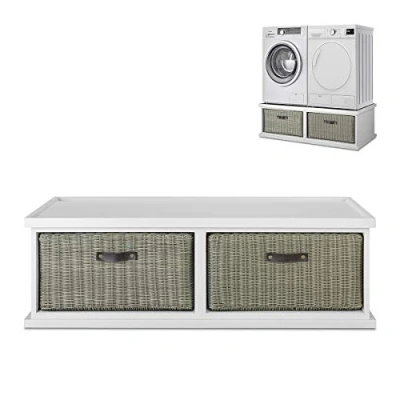 Image of Tetbury white washing machine and dryer pedestal. Double stand with drawer, storage Fully Assembled