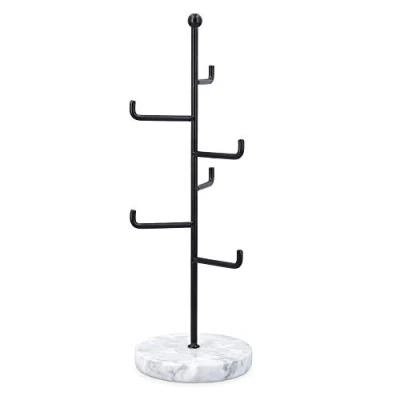 Image of Navaris Metal Jewellery Tree Stand 6 Tier Organiser with Marble Base Hanger Display Holder to Store Necklaces Bracelets Rings Accessories Black