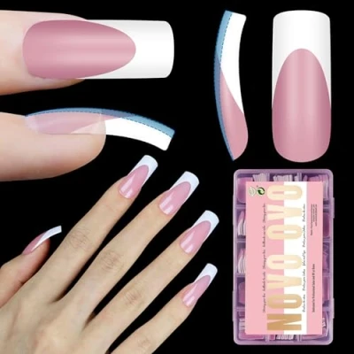 Image of NOVO OVO Slightly Curved White French Tip Nail Tips Medium BERRY PINK Full Cover for Press on Acrylic, Extra Thick M Soft Gel False Nail, need Builder Top Coat, no Glue included x 15 Sizes 240 pc