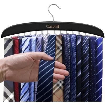 Image of EOGRFW Tie Rack,24 Hook Holder,360 Rotating,Foldable Metal Hooks,Tie Hanger Organizer for Closet Wooden Belt Storage Rack Men Ties Belts Scarves Accessories (Black)