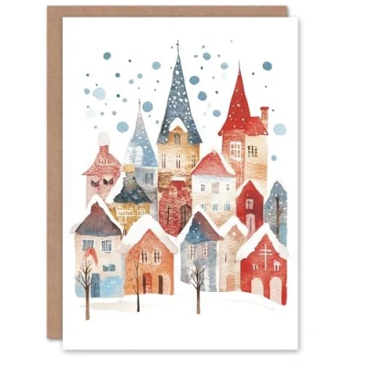 Image of Artery8 Rustic Village Winter Snow Folk Art Blank For Him Or Her Xmas Festive Christmas Card