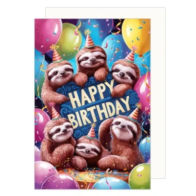 Image of Edition Seidel Premium Birthday Card with Envelope. Greeting Saying Billet Man Woman Child Sloths Balloons Confetti (G3597 SW024)