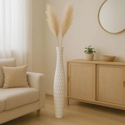 Image of Leewadee Large White Home Decor Floor Vase Wooden 110 cm Tall Farmhouse Flower Holder For Fake Plant And Pampas Grass