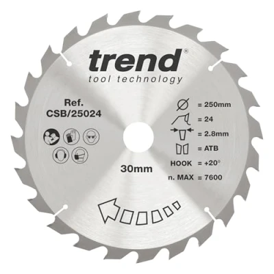 Image of Trend Wood Circular Saw Blade, 250mm Diameter, 30mm Bore, 24 Teeth, TCT, 3mm Kerf, +15 Hook, CSB/25024