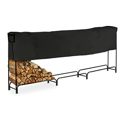 Image of Relaxdays Firewood Storage Rack with Cover, Metal, 122 x 370 38.5 cm, Outdoor, Shelf, Log Stacking Aid, Black, Steel