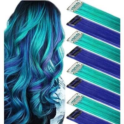 Image of IAMERUI Multicolors Party Highlights Straight Hair Colorful Clip in Synthetic Extensions Multiple Colors Heat Resistant Long Hairpiece 8 Pieces (Blue Teal)