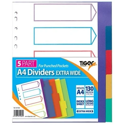 Image of Tiger A4 5 Part Extra Wide Dividers for use with punched pockets (5 Pack)