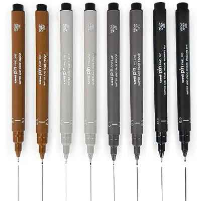Image of Uni Pin Fineliner Drawing Pen Set 8 Pieces 0.1mm/0.5mm Black, Dark Grey, Light Grey and Sepia