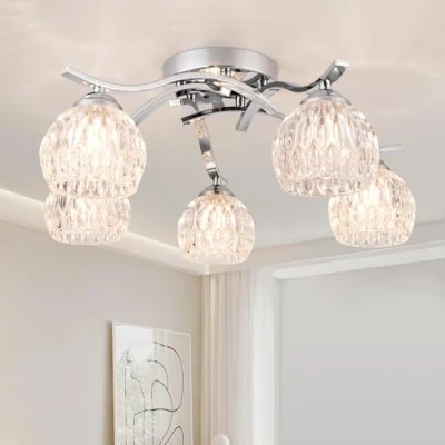 Image of HARPER Living 5xG9 Chandelier Ceiling Lights, Modern Semi Flush Lights Glass Shade, Polished Chrome Finish Lamp, Ideal for Room, Bedroom, Kitchen, Hallway, Hotel