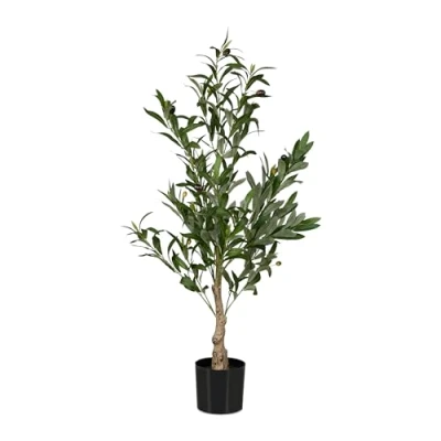 Image of Artificial Olive Tree, 90 cm Tall, Plastic, Stone, Decorative Faux Plant, Fake Foliage, with Pot, Green/Brown Relaxdays