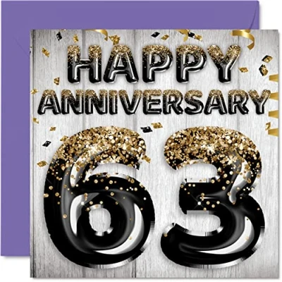 Image of Awesome 63rd Anniversary Card for Husband Boyfriend Wife Girlfriend Black Gold Glitter Balloons Happy 63 Cards from Family, 145mm x Greeting Sixty Third Anniversaries