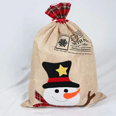 Image of SHATCHI Large Santa Sack Stocking Printed Pattern Burlap Hessian Linen Xmas Sock Christmas Hanging Gift Bags Home Decorations Snowman, 70x50cm