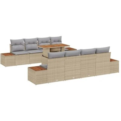 Image of vidaXL 9 Piece Garden Dining Set with Cushions Beige Poly Rattan Acacia