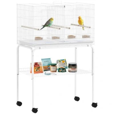 Image of PawHut Bird Cage with Divider, Parrot 4 Wooden Perches, Slide Out Tray, Feeders and Wheeled Stand, for Budgie, Lovebird, Canary, Finches, 76 x 46 116cm, White