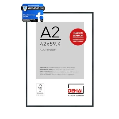 Image of DEHA Design Tribeca Photo Frame A2, 42x59.4cm Aluminium Picture Frame, Black with Protective Acrylic Glazing and Push Turn Clips Brushed Frosted