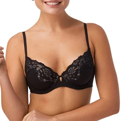 Image of Maidenform Women&#039;s Comfort Devotion Your Lift Underwire Bra with Lace Trim, Convertible Straps, Opaque, Black/Evening Blush, 36C