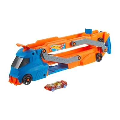 Image of Hot Wheels Toy Car, Truck, Hauler &amp; Track with 1:64 Scale Large Truck Transforms into 2.5+ ft Raceway a Launcher, Stores up to 9 Cars, Connects Other Sets, HYT83