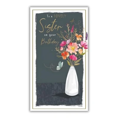Image of Sister Birthday Card Lovely Flowers and Butterfly Artistic Floral Design Special Finishes Illustrated Insert Leaf Made in the UK Eco Friendly