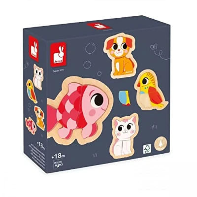Image of Janod 4 Wooden 2 to 5 Pieces Pet Themed Puzzles Children’s Toys Educational Games Early Years 18 Months +, J07115, Multicolor