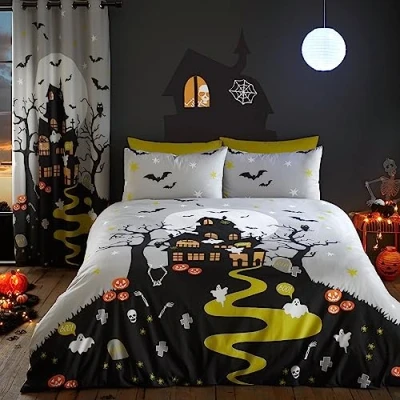 Image of Bedlam Halloween Haunted House Duvet Cover Single Bedding Size (140 x 200cm) Glow in the Dark Mansion Decorations Matching Curtain Available