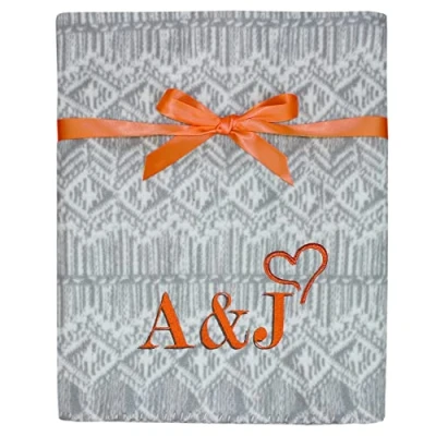 Image of TeddyTs Personalised Couples Initials Grey &amp; Burnt Orange Fairisle Fleece Throw Blanket, 125cm x 155cm (approx).