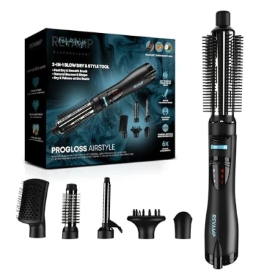 Image of REVAMP Hot Air Styler 6 in 1 Multi Styler, Rotating Hair Dryer Brush for Volumising Blow Dry, Waves and Curls, Straightening, Smoothing, Quick Dry x Attachments