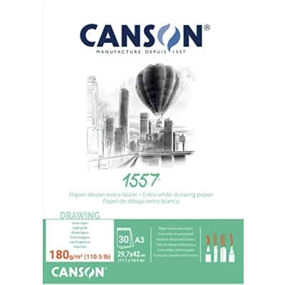 Image of CANSON 1557 Extra White 120gsm A3 Sketch Paper, Light Grain, 30 Sheets, Ideal for Professional Artists &amp; Illustrators