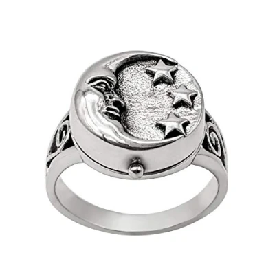 Image of 81stgeneration Men&#039;s Women&#039;s 925 Sterling Silver Wiccan Moon Star Locket Signet Ring