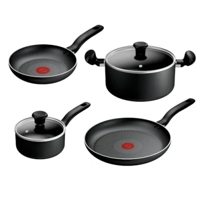 Image of Tefal Titanium Essential 4pc Set: Saucepan 16 cm with lid, Stewpot 24 Frying Pans 20/28 cm, High Performance Non Stick Coating, excluding Induction, B941S444, Black