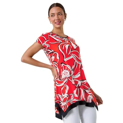 Image of Roman Originals Textured Fan Print Stretch Hanky Hem Top for Women UK Ladies Everyday Holiday Spring Summer Round Neckline Comfy Soft Evening Vacation Work Party Orange &amp; White Size 10