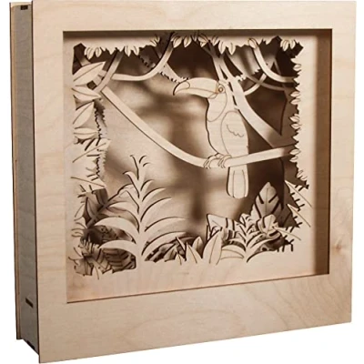 Image of Rayher Shadow Box Building Kit with Toucan Design, 3D Scenery, DIY Wood Craft Set, 11 slot together Pieces, FSC certified product, 24x24x6.5cm, 62853505