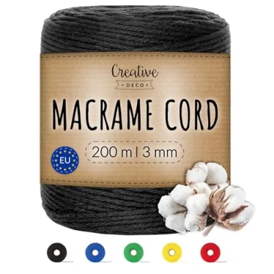 Image of Creative Deco 656 Feet Black Macrame Cord 200m 3mm Thick Cotton Rope 15 Ply String Yarn Twine Elastic for Easter, Art and Craft, DIY, Knitting, Gift Wrapping, Wall, Plant Hanger Strong