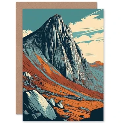 Image of Artery8 Tryfan Mountain Peak Landscape Teal Brown Linocut Travel Birthday Sealed Greeting Card Plus Envelope Blank inside
