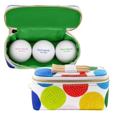 Image of Kate Spade New York Women’s Golf Set, Includes 3 Wooden Tees &amp; Balls with Zipper Pouch, Gold Clasp Secures to Bag, Golfball Pattern Mini