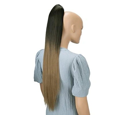 Image of CAISHA 28&quot; Extra Long Straight Ponytail Hairpiece Heat resistant Synthetic Fibres Ombré Black Brown H115