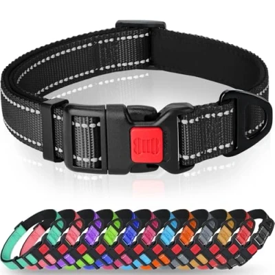 Image of Taglory Reflective Nylon Dog Collar with Safety Buckle, Adjustable Pet Collars Soft Neoprene Padding for Small Dogs, Black