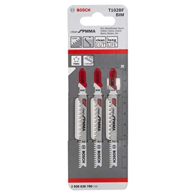 Image of Bosch 3x PRO Plastics PMMA Clean T102BF Jigsaw Blade (for Plastics, Length 92 mm, Professional Accessory Jigsaw)