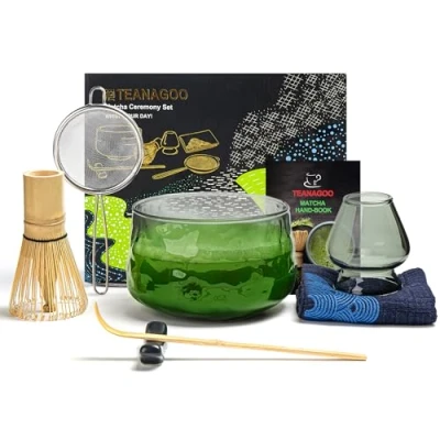 Image of TEANAGOO Japanese Matcha Whisk (7pcs) Set Mtacha Kit Bowl Bamboo (Chasen) Scoop (chashaku) Holder.N30,Dark Grey Glass…