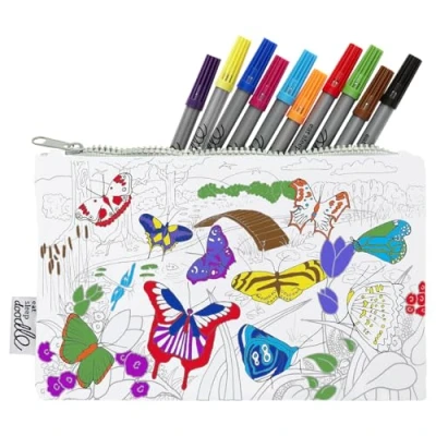 Image of eatsleepdoodle Colouring Pencilcase for Kids w/ 10pk Washable Markers 22x14cm Butterfly Ultra &amp; Reusable Arts and Crafts