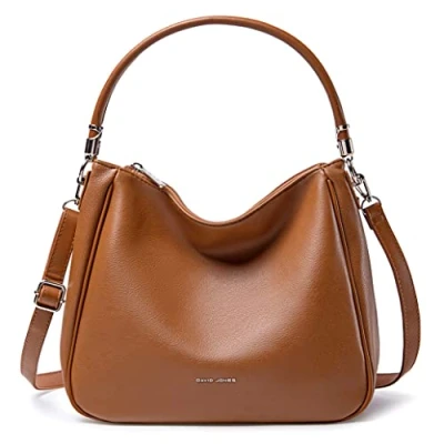 Image of David Jones Women&#039;s Hobo Shoulder Handbag Bag Faux Leather Medium Size Tote with Long Handle Fashion Classic Practical Elegant Cognac Brown