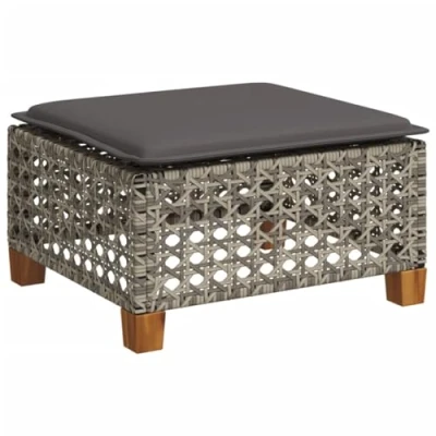Image of vidaXL Garden Stool Cushion Outdoor Ottoman Cube Grey Poly Rattan with Removable Cover and Acacia Wood Frame 63.5x56x32 cm