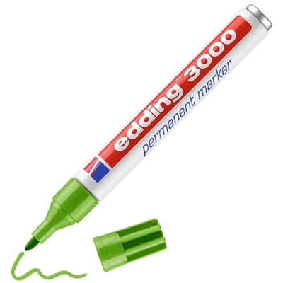 Image of edding 3000 permanent marker light green box of 10 round tip 1.5 3 mm quick drying markers waterproof, smudge proof for cardboard, plastic, wood, metal, fabric pens