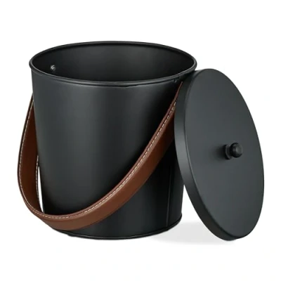 Image of Relaxdays Bucket, with Lid, 4.5 litres, Bin Leather Handle, for Coal &amp; Ash, Fireplace, Stove, Black/Brown, Iron, M, 21 x 22 cm