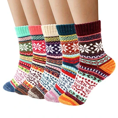 Image of Airabc Thermal Winter 5 Pairs Wool Warm Knitting Ladies Socks Vintage Style Soft Cotton Thick Bed Sock Multicoloured for Home Office School Hiking, Ideal Christmas Gifts Women