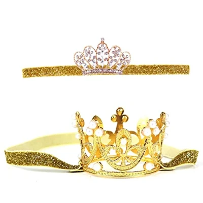 Image of Nishine 2 pieces Baby Girls Crown Headband Princess Tiara Headdress Set Toddler Elastic Head Band (Gold)